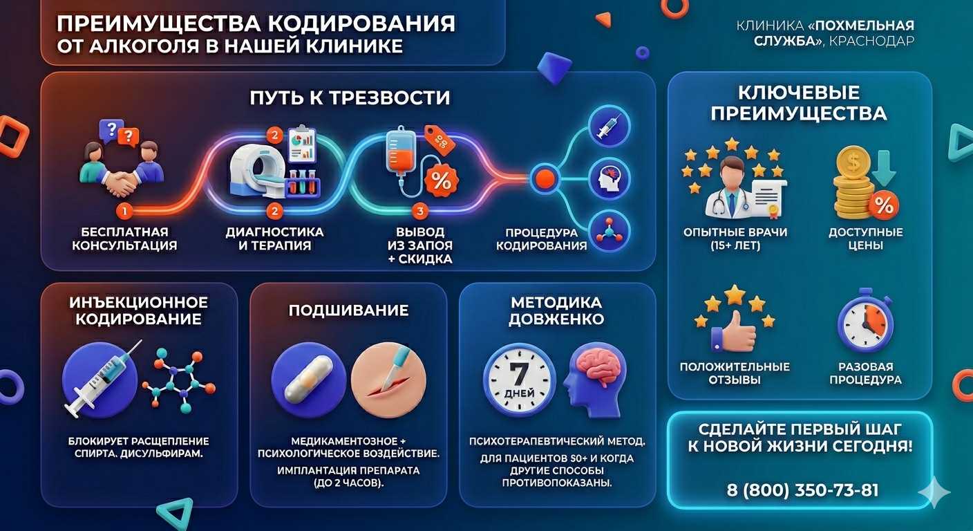 Инфографика о методах кодирования от алкоголя в Кировском: инъекции, подшивание, метод Довженко. Преимущества клиники и этапы лечения.