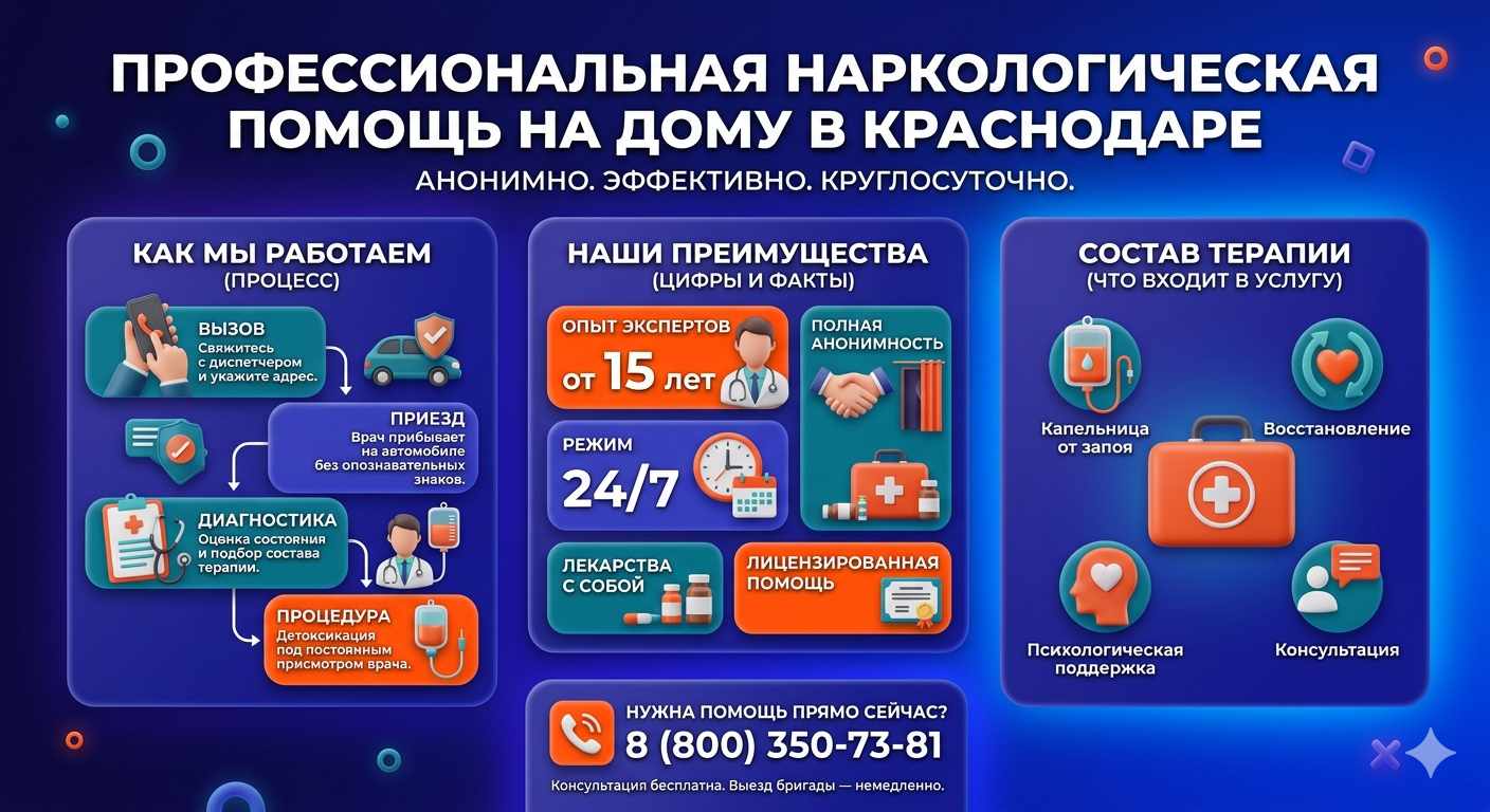 Инфографика о принципах лечения алкоголизма на дому в Кировском: этапы вызова нарколога, преимущества анонимной детоксикации и состав медицинской помощи.